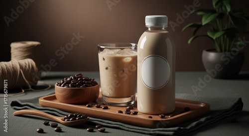 Iced Coffee in a Bottle Mockup: A refreshing glass and bottle of cold brew or iced latte with a blank label, a modern and popular caffeinated beverage for summer.