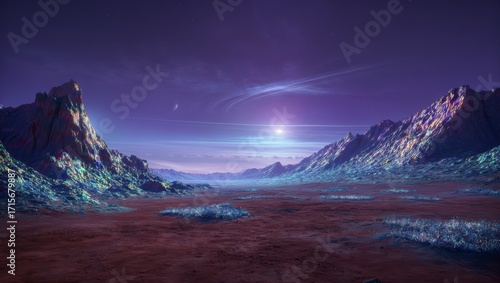 A breathtaking alien landscape unfolds under a vibrant purple sky, with rugged mountains illuminated by a distant, radiant sun, creating a surreal atmosphere