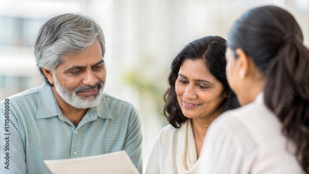 Fototapeta premium Indian husband and wife with financial planner — exploring investment strategies for family goals