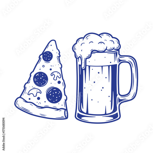 Pizza slice and beer mug illustration drawn in a bold blue outline style on white background