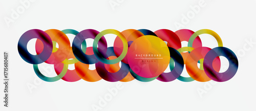Colorful overlapping circles create abstract design. Gradient hues blend, forming modern visual element. Simple background enhances composition.