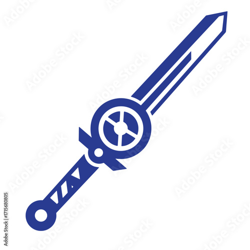 Stylized blue sword vector illustration against white background represents fantasy design and weaponry
