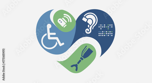flat vector awareness poster, symbolic design of accessibility icons (wheelchair, hearing aid, braille, prosthetics), forming a heart shape, modern and minimal look