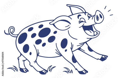 Blue Outline Cheerful Pig Cartoon with Spots on White Background