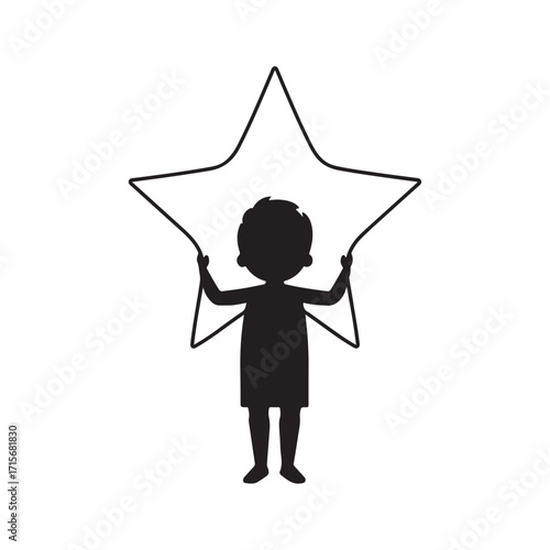 Vector Silhouette of a Child Holding a Big Star Outline.
