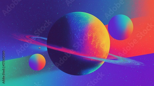 Vaporwave planets space poster background. Sci-fi horizontal poster. Science fiction digital raster bitmap illustration. Horizontal format wallpaper.	AI artwork.