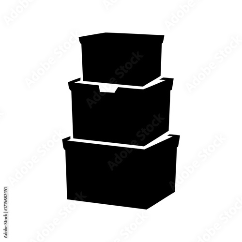 Stack of three minimalist black square storage boxes on a white background