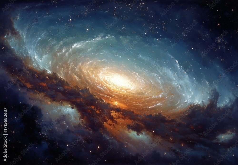 Fototapeta premium Oil painting of orange and blue swirling galaxy with central sun, surrounded by white waves and stars, glowing light, fantasy art in impressionism style, vibrant detailed colors.