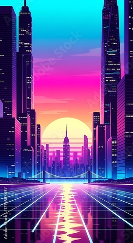 Retro futuristic cityscape with neon lights and sunset reflection on wet ground