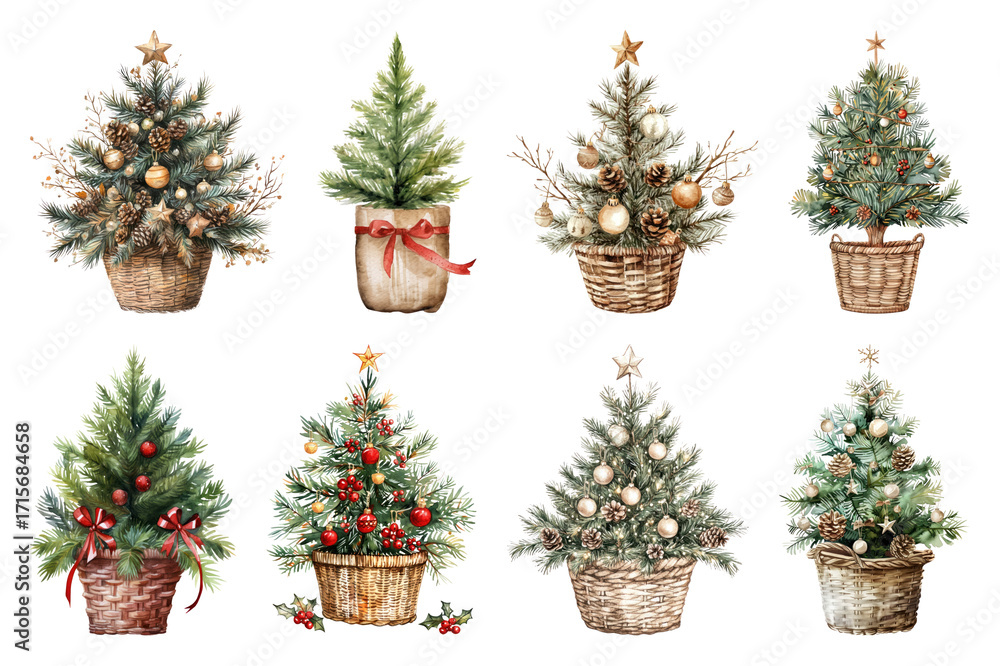 Fototapeta premium PNG Charming festive miniature Christmas trees, element set on transparent background