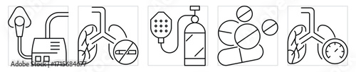 Lungs diseases, care and medication icons set. Lung and it's health related symbols. Vector editable stroke.