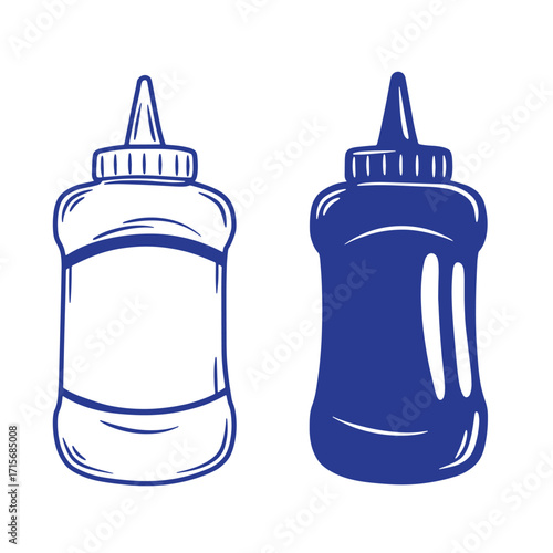 Vector illustration of squeeze bottles in outline and filled blue color for food usage
