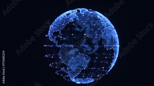Digital wireframe globe made of glowing dots and connecting lines, futuristic holographic grid, neon blue and purple, on dark background.