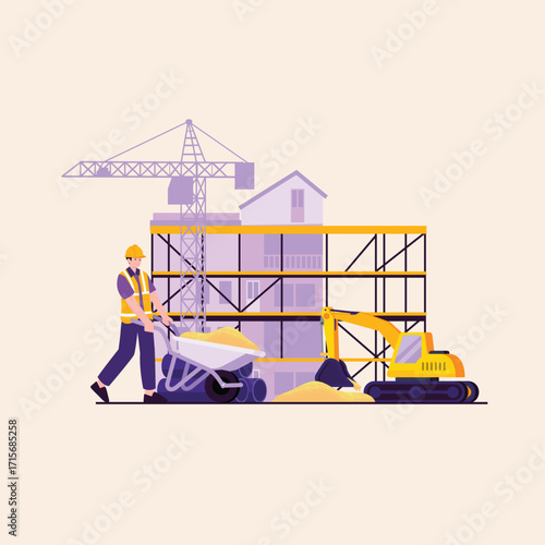 Construction Worker with Wheelbarrow and Excavator at Building Site