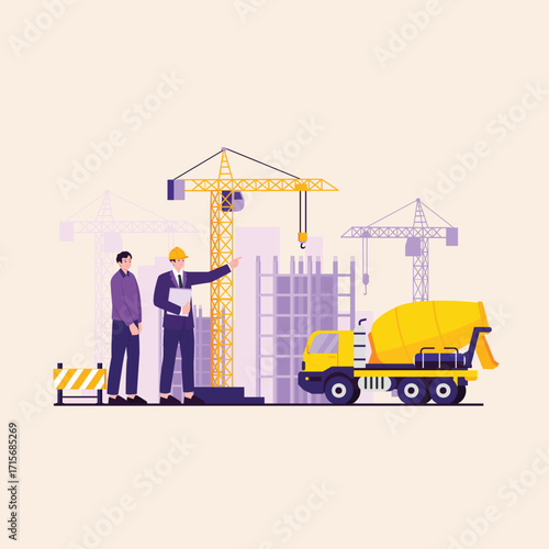 Construction Site Planning Engineers Overseeing Building Project with Machinery