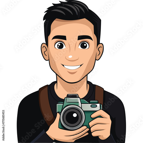 Young man holding a vintage digital camera, a professional photographer in a studio, focused on his craft