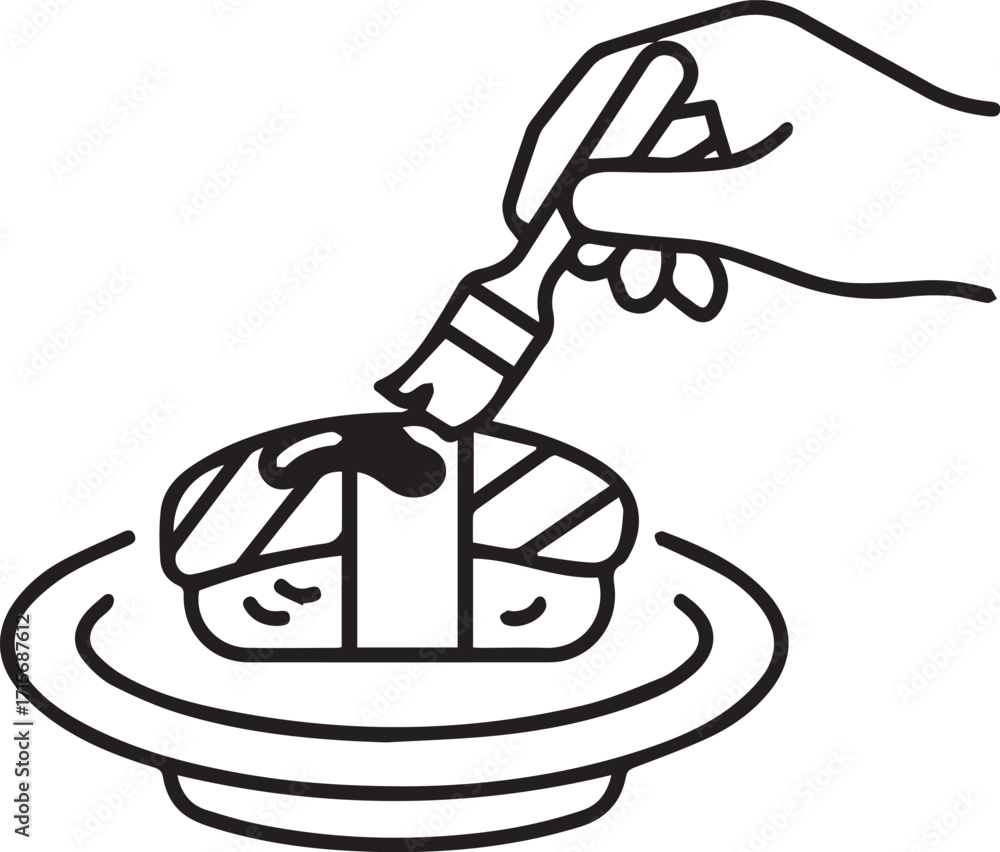 Obraz premium Sushi Icon – Chef Brushing Soy Sauce on Fish Slice with rice line art