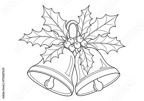 A festive black and white line drawing of two jingle bells adorned with a sprig of holly and berries perfect for holiday crafting and decoration