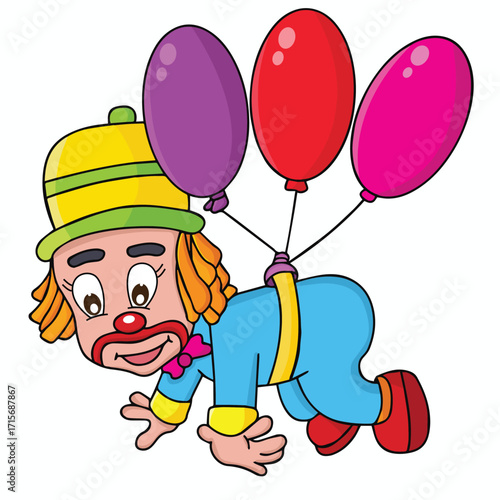 Cute cartoon hand drawn vector Clown traveling tied to balloons clipart.