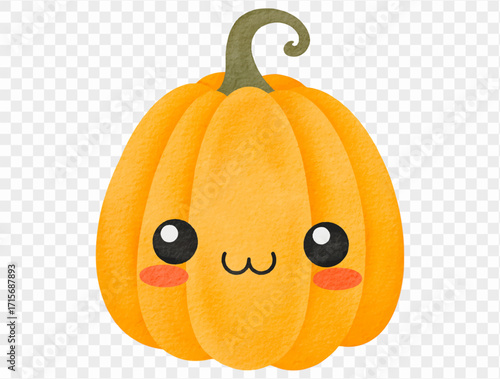 Watercolor kawaii pumpkin with blush cheeks cute halloween Vector.