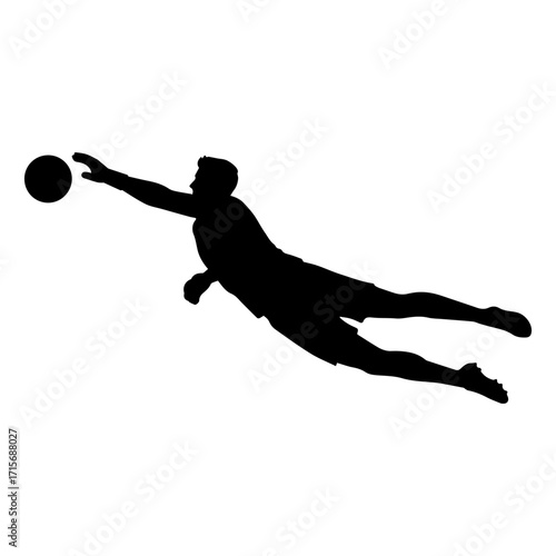 Silhouette of a soccer goalkeeper jumping to catch the ball