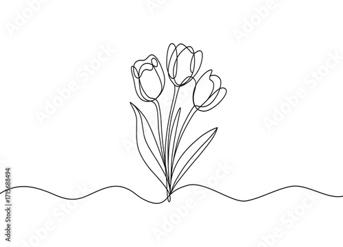 Minimalist Tulip Flower Continuous Line Drawing Black and White Elegant Floral Design Botanical Illustration Single Stroke Art for Prints and Decorations