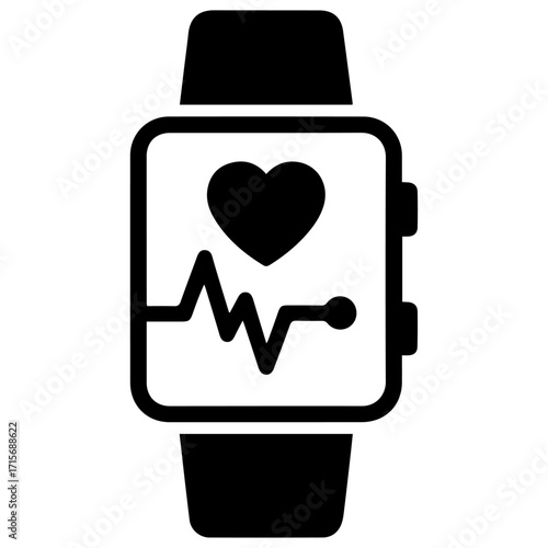 Minimal black silhouette of a smartwatch with heart pulse, flat vector style, white background.