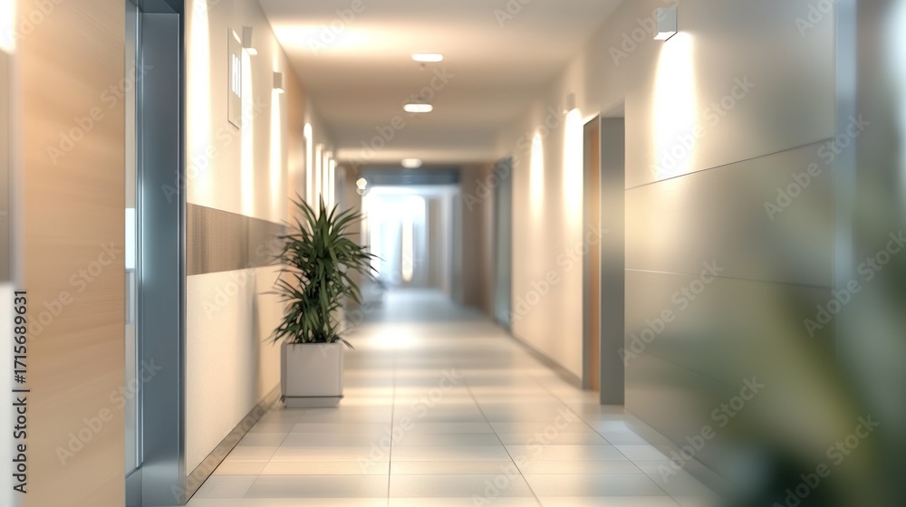 Obraz premium Modern Office Corridor: Tranquil and Bright Interior Design