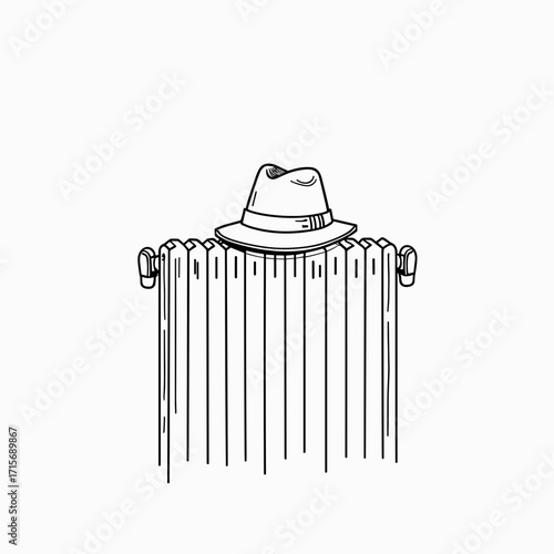 Hat resting on top of a radiator in simple line art style  