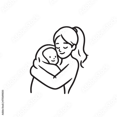 Black and white line art of a beautiful mother lovingly embracing her baby minimalist tender illustration
