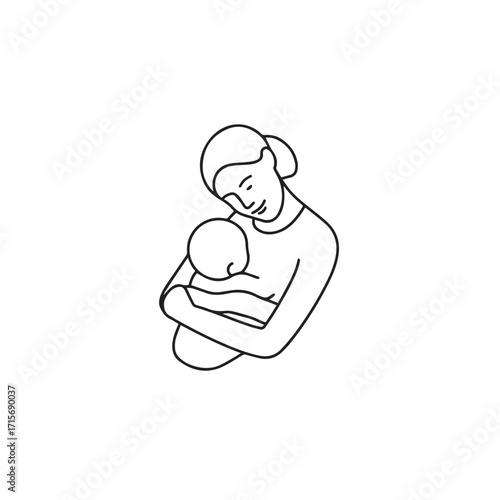 Black and white line art of a beautiful mother lovingly embracing her baby minimalist tender illustration
