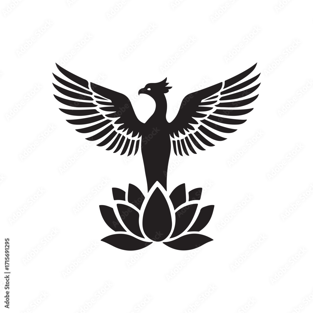 Obraz premium A Powerful Vector Silhouette of a Majestic Phoenix Bird with Spread Wings Rising from a Lotus Flower, Symbolizing Rebirth, Renewal, and Transformation.