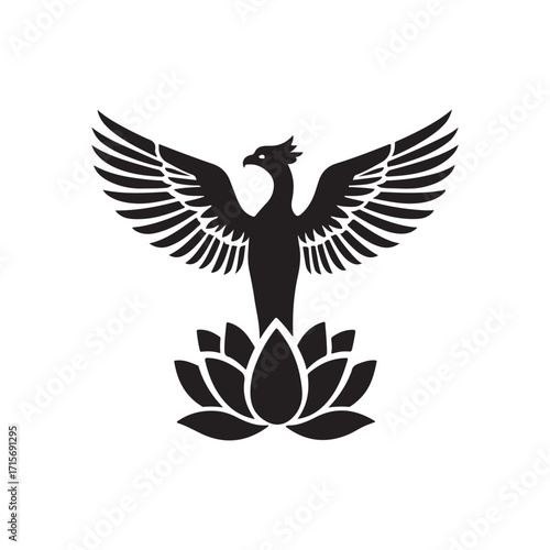 A Powerful Vector Silhouette of a Majestic Phoenix Bird with Spread Wings Rising from a Lotus Flower, Symbolizing Rebirth, Renewal, and Transformation.