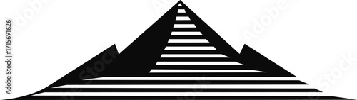 Stylized Black Pyramid with Staircase Pathway and Mountain Peaks Silhouette on White Background Keywords: pyramid, triangle, geometric, shape, symbol, icon, silhouette, black, white, pathway