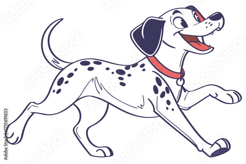 Cartoon Dalmatian Dog Running with Smiling Face and Red Collar on White Background