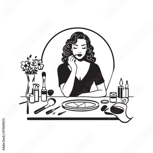 Black and white line art of a beautiful woman doing makeup at dressing table with mirror illustration
