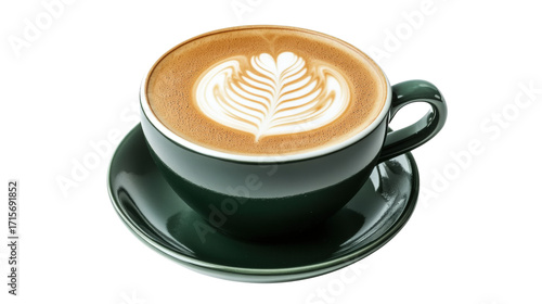  Hot latte coffee with latte art in a dark green isolated on a white background