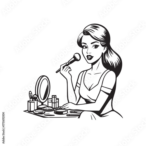 Black and white line art of a beautiful woman doing makeup at dressing table with mirror illustration

