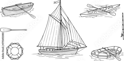 boat with paddle line art, black outline, vector and illustration, coloring book page line art drawing
