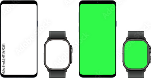 Smartphone and smartwatch isolated with empty white and green device screen, application mockup. 3d technology, smartphone and wristband interface elements.
