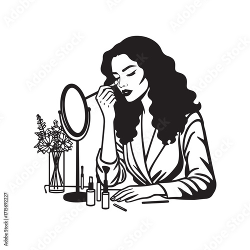 Black and white line art of a beautiful woman doing makeup at dressing table with mirror illustration
