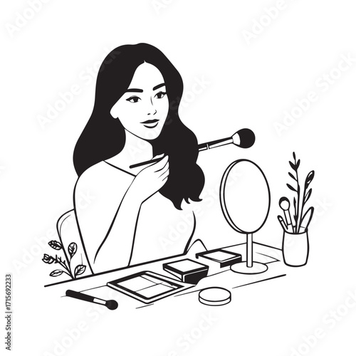 Black and white line art of a beautiful woman doing makeup at dressing table with mirror illustration
