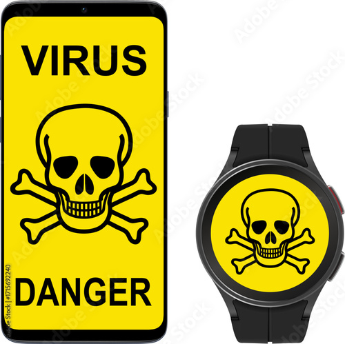 Smartphone and smartwatch displaying a skull icon and the word "virus danger"", symbolizing online cyber threats and data breaches.