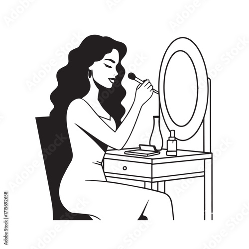 Black and white line art of a beautiful woman doing makeup at dressing table with mirror illustration
