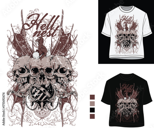 Hell Nest T-Shirt Design | Gothic Skull Vector Illustration | Dark Horror Artwork for Streetwear Print Design