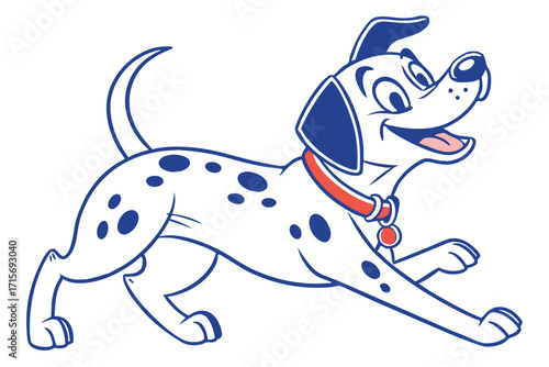Cartoon Dalmatian Dog Running with Red Collar and Blue Spots on White Background