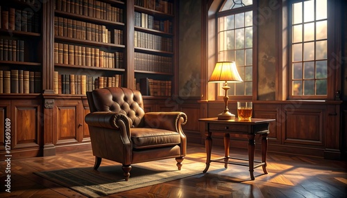 Sunlit classic study room featuring a comfortable leather armchair next to a vast bookcase for quiet reading and relaxation