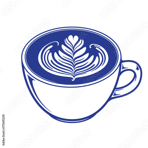 Elegant blue and white coffee cup with latte art leaf decoration isolated