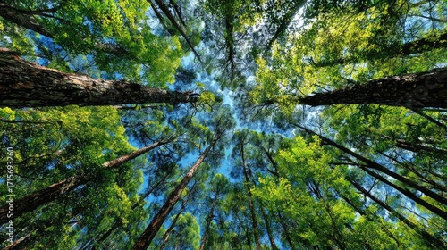 Trees in forest rising toward blue sky concept. A stunning view of tall trees and vibrant green leaves above.