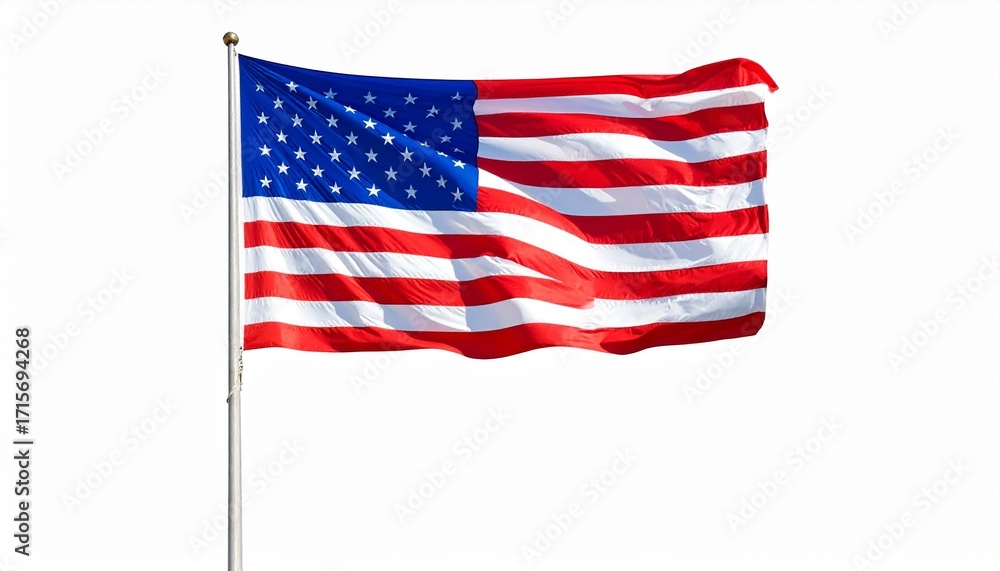 Fototapeta premium Waving United States flag on flagpole against white background